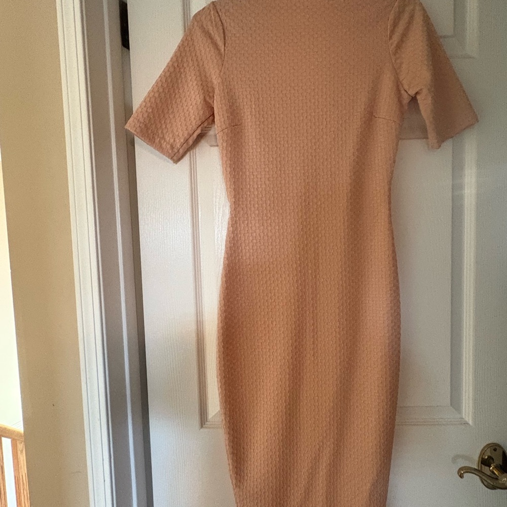 Zara nude Bodycon Dress Short Sleeve Mock Neck midi